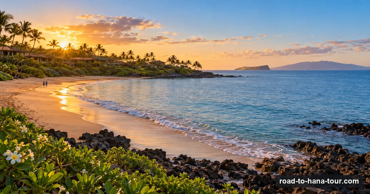 Wailea Beach on Maui at sunrise from the public path, the shore the White Lotus resort of season one looks onto, with Molokini on the horizon